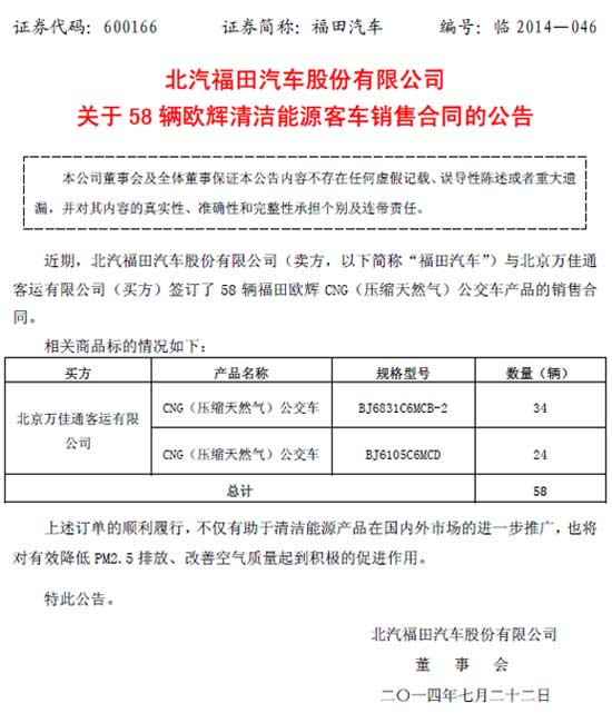 北汽福田汽车股份有限公司关于58辆欧辉清洁能源客车销售合同的公告